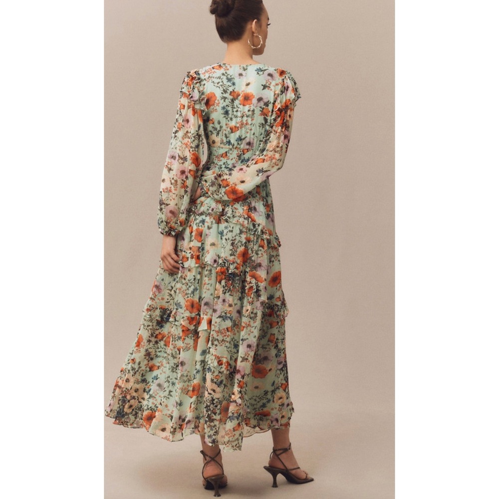 NWOT BHLDN Romantic Mint Floral Chiffon Plunge Long-Sleeve Ruffle Maxi Dress - Picture 2 of 12